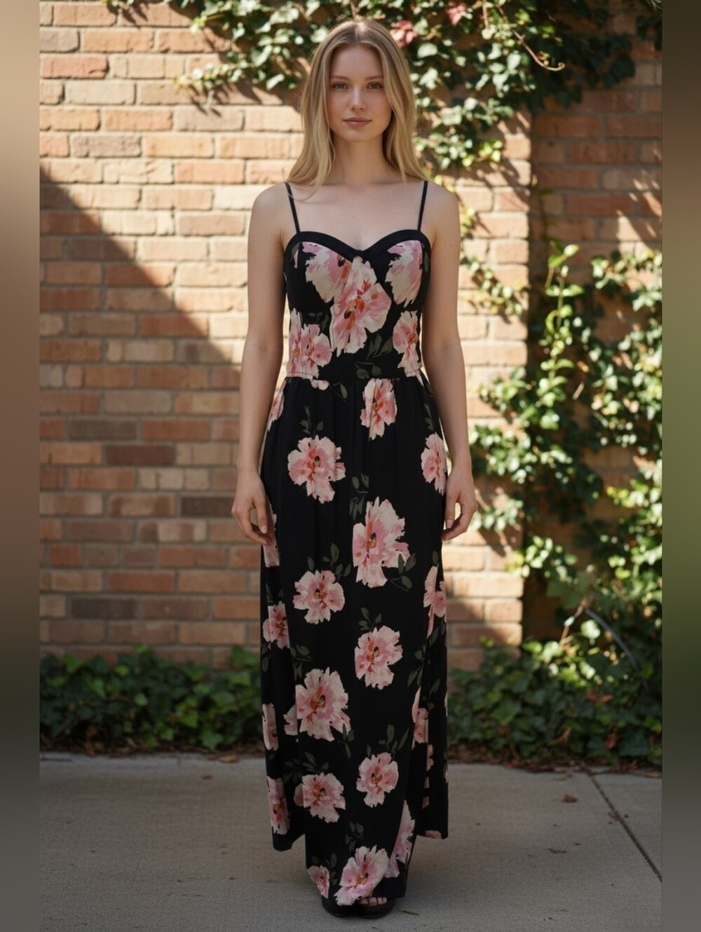Black Floral Maxi Dress with Pink Roses
